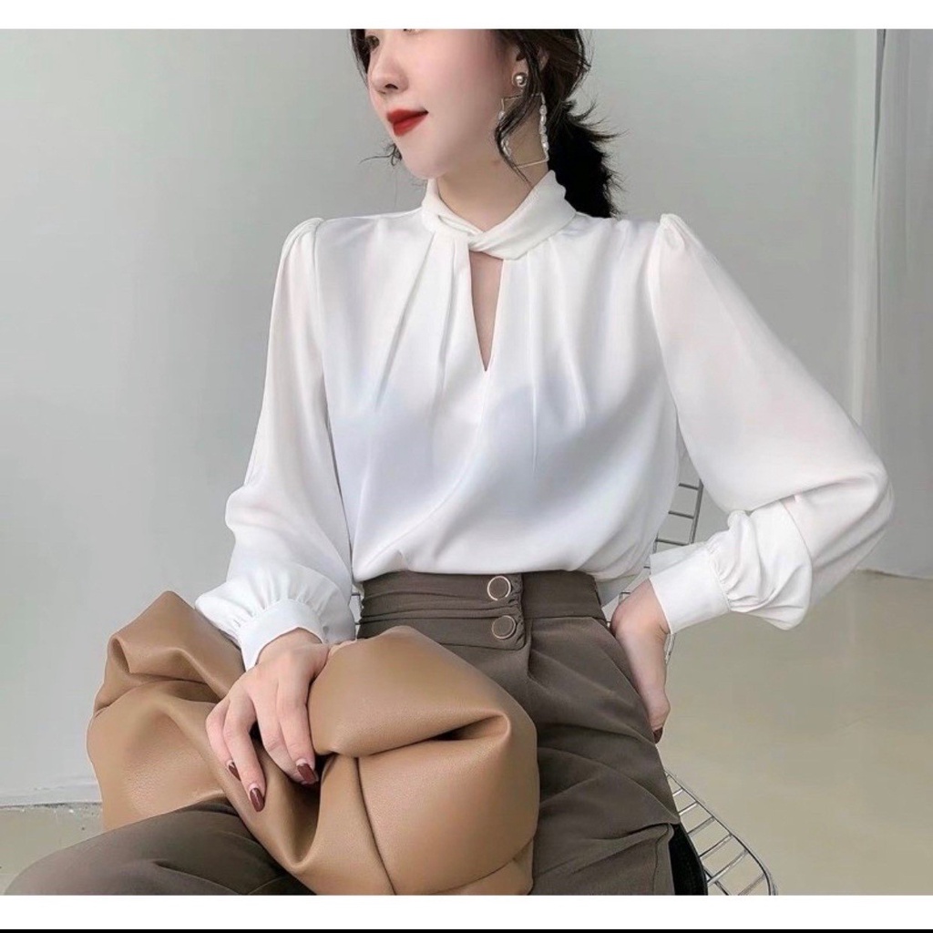 Áo sơ mi lụa tay bồng dài tay cổ xoắn - áo sơ mi công sở nữ 109