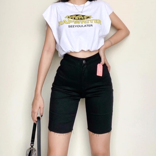 [Bigsize 58-90kg] Quần Lửng Jeans Đen Trơn, Lưng Siêu Cao, Co Giãn Mạnh