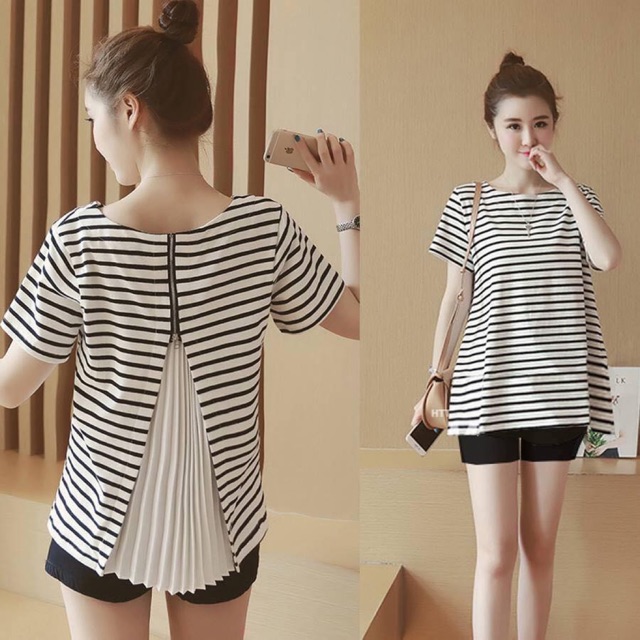 Áo bầu cotton kẻ phối khoá phía sau