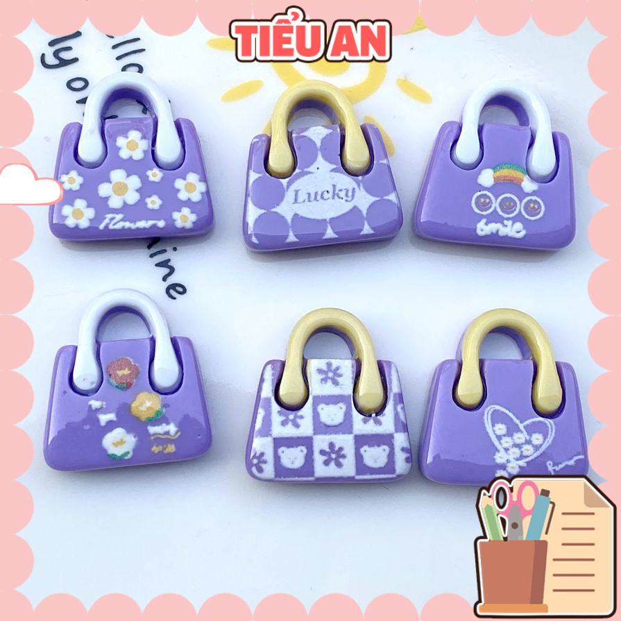 Charm (C438) slime/ Trang Trí [Ko Keo &amp; Nút] Túi Xách Hình Họa Tiết Màu Tím (2.1x2.2cm) - Giá 1 cái