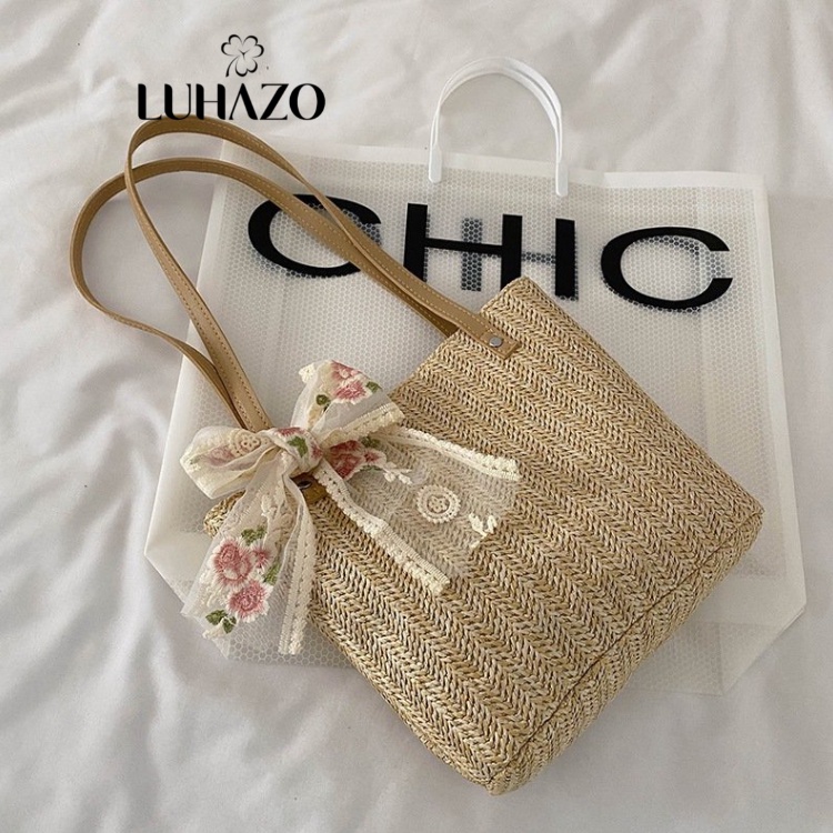 Túi cói Đi Biển Du Lịch nơ hoa hồng LUHAZO  phong cách vintage Hàn Quốc Mẫu Mới K3T5-3