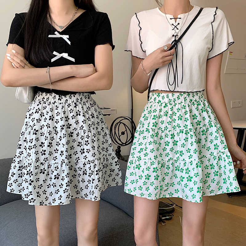 Korean High Waist A-line Short Skirt Ruffle Floral Print Skirt