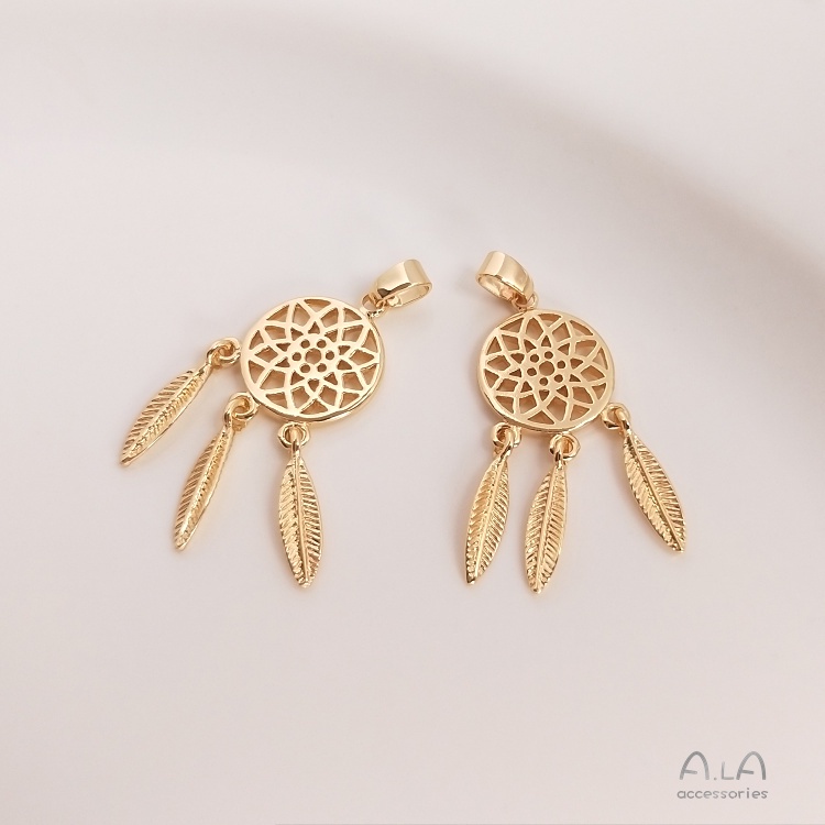 [little Blu] Mặt Dây Chuyền Hình Bông Hoa Lông Vũ Phối Tua Rua Bằng Đồng 14K Màu Vàng Đồng Cao Cấp Làm Mặt Dây Chuyền Phong Cách Mori