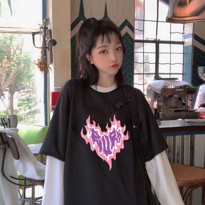 Áo Thun Tay Dài Giả Hai Lớp Dáng Rộng In Họa Tiết Retro Thời Trang Dành Cho Nữ