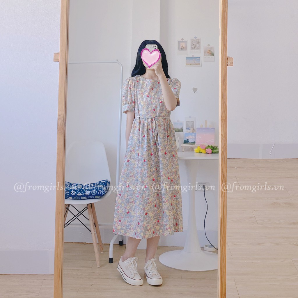 Đầm babydoll hoa nhí có dây buộc eo tay phồng ulzzang  - V14FG