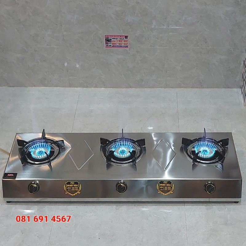 Bếp gas khè 3 lò lửa bao to , thiết kế rộng rãi , lửa xanh kiềng không bị trơn trượt  có video