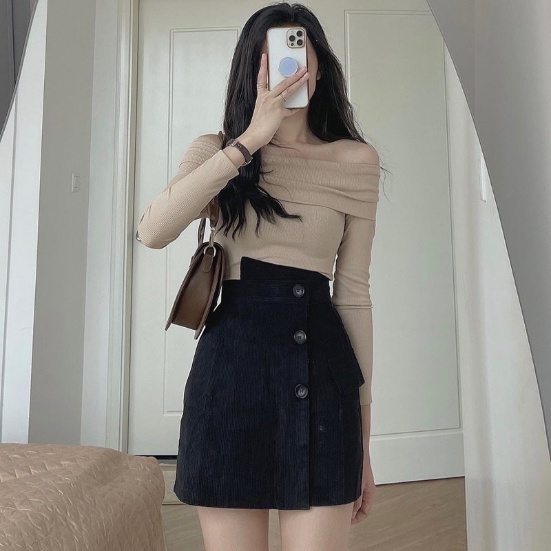 chân váy nhung tăm cạp cao kiểu dáng hàn quốc | BigBuy360 - bigbuy360.vn