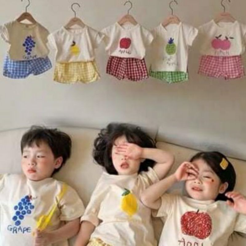 Bộ cộc tay bé trai bé gái cotton họa tiết hoa quả phối màu