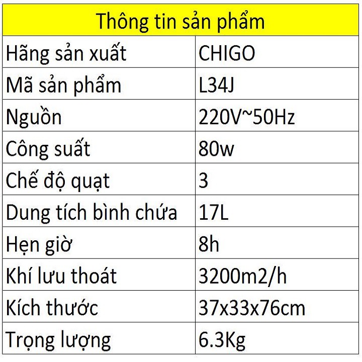 RE0627 Quạt đá hơi nước chigo 17 lít - Quạt điều hòa hơi nước Chigo