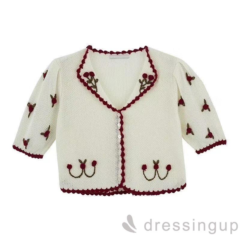 DRE-Ladies V-neck Short Tops, Summer Three-dimensional Flower Pattern Puff Short Sleeve Single-breasted Tops