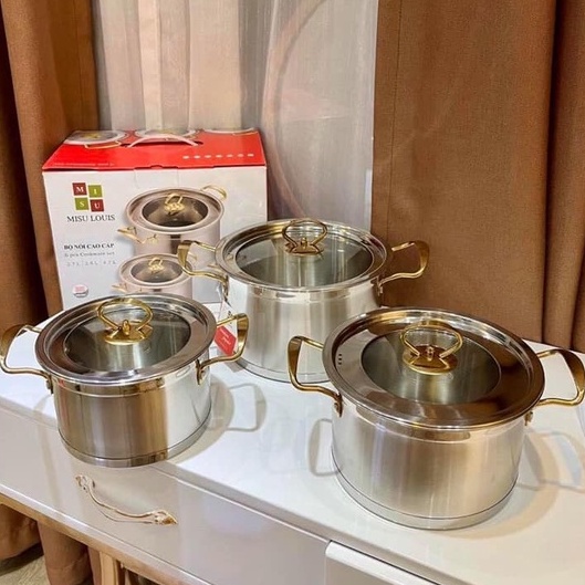 Bộ nồi inox 304 truyền nhiệt nhanh, bộ nồi Misu Louis 3 đáy nắp thủy tinh chùi rửa dễ dàng phù hợp các loại bếp Angoal