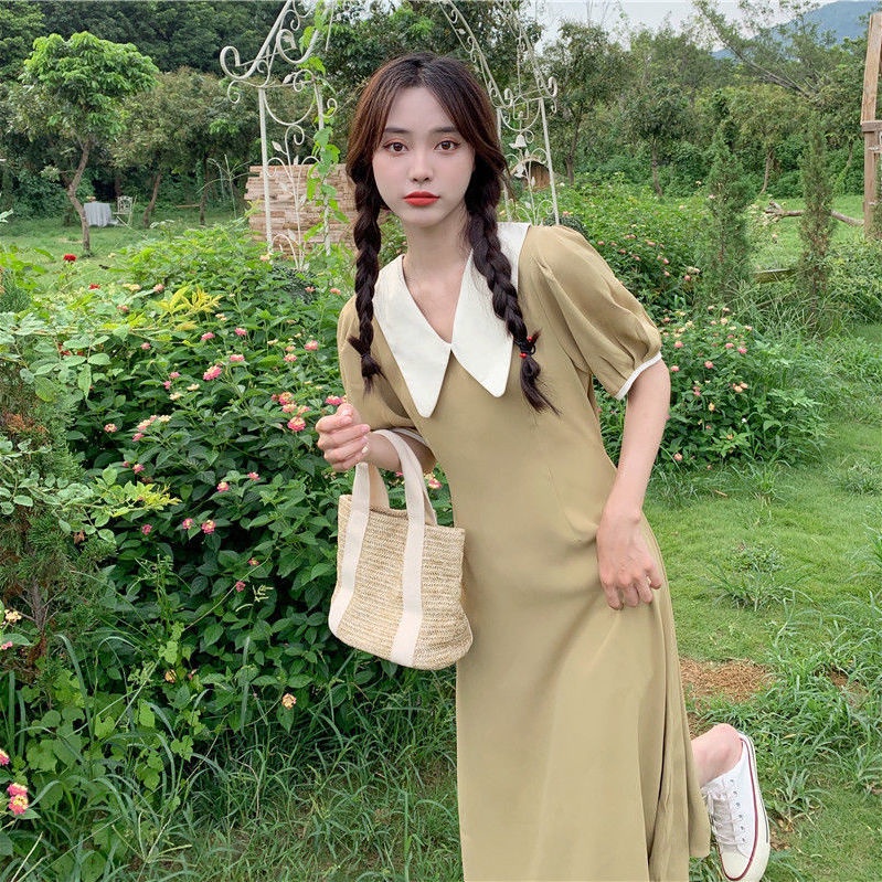 Đầm Tay Phồng Cổ Bẻ Màu Sắc Tương Phản Phong Cách Hàn Quốc Thời Trang Mùa Hè Xinh Xắn Cho Nữ