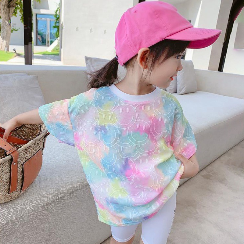 Áo Thun Ngắn Tay Họa Tiết Mặt Cười Màu Nhuộm Phong Cách Phương Tây Mới Cho Bé Gái