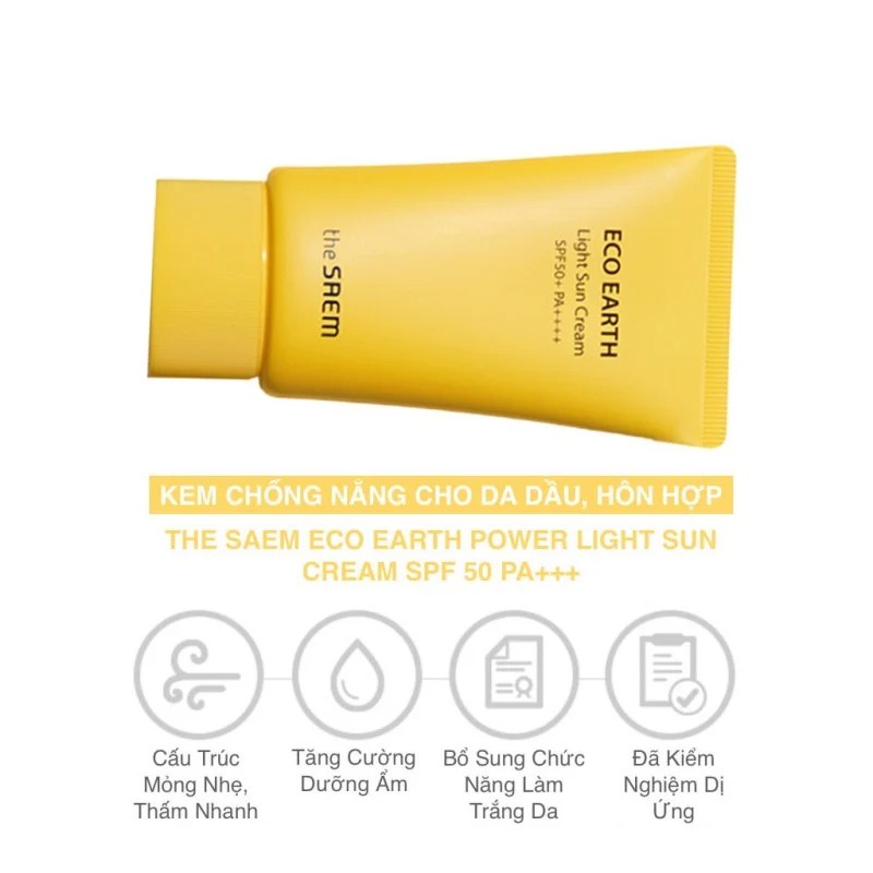 Kem Chống Nắng Nâng Tông, Cân Bằng Ẩm, Chiết Xuất Rau Má Làm Dịu Da The Saem Eco Earth Extra Cica Sun Cream SPF50+/PA+++