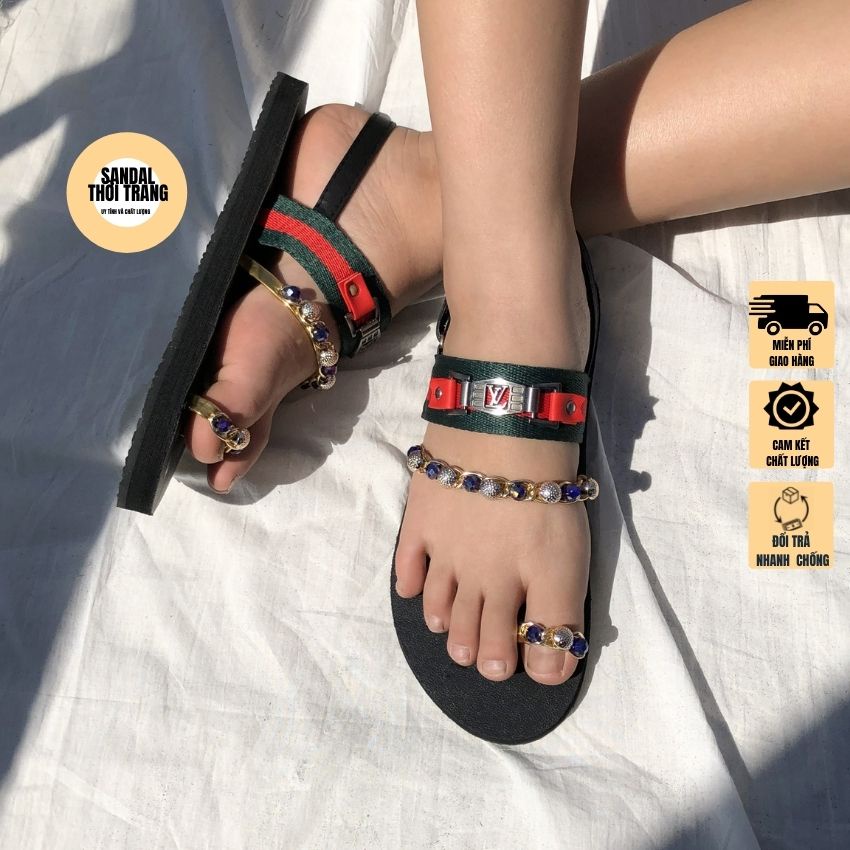 Dép sandal nữ xỏ ngón đính đá 2 màu Trắng/Đen full size 30-44 nam nữ SANDALTHOITRANG