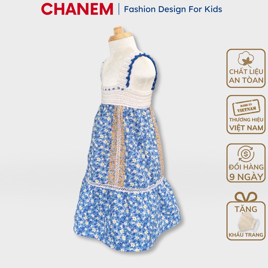 Váy hai dây đan móc sợi cotton hè thủ công phối vải hoa nhí mix ren, Đầm thiết kế cho bé gái từ 1 -10 tuổi CHANEM