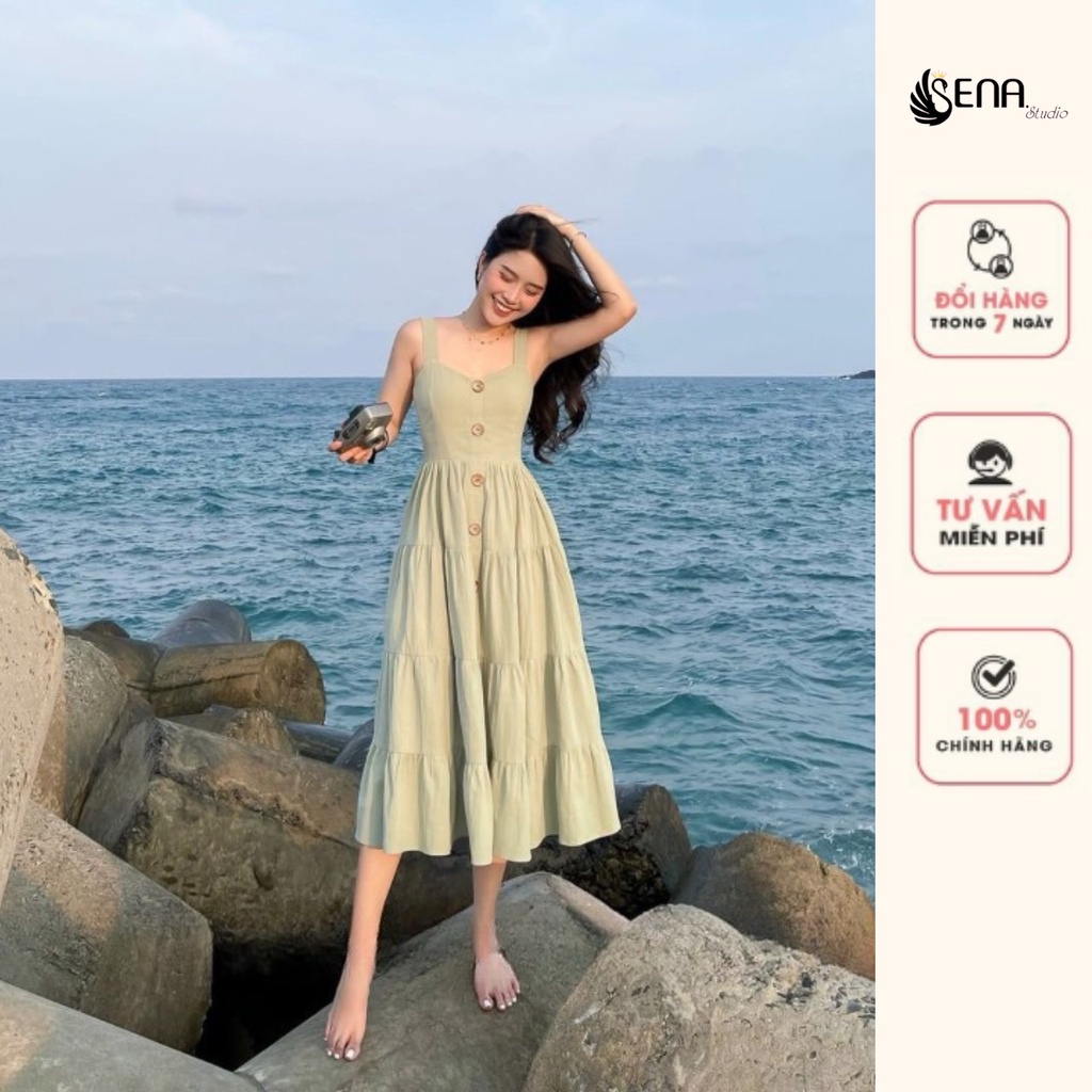 Váy maxi hai dây vải đũi khuy gỗ - SENA STUDIO