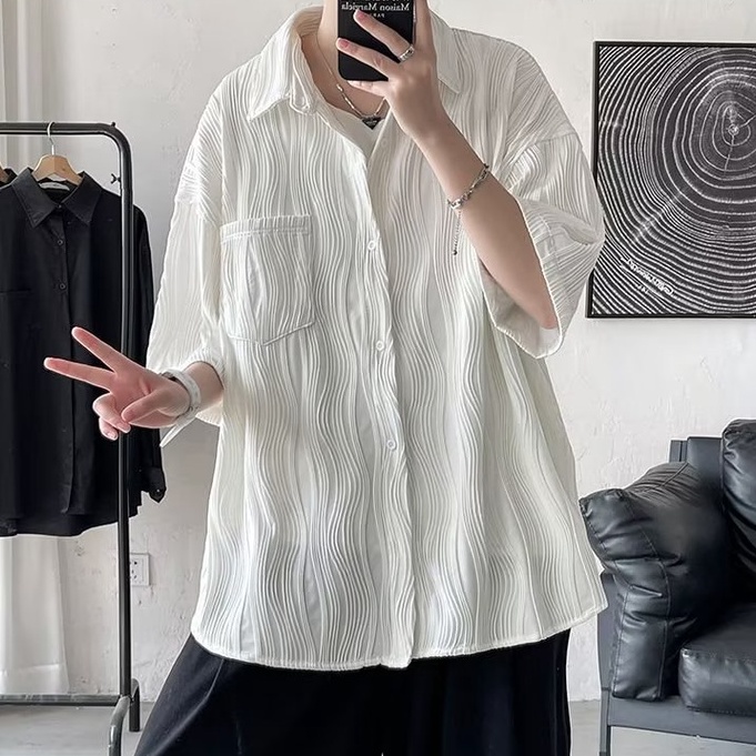 Áo Sơ Mi Ngắn Tay Màu Trơn Họa Tiết Kẻ Sọc Thời Trang Mùa Hè Hàn Quốc Cho Nam Và Nữ