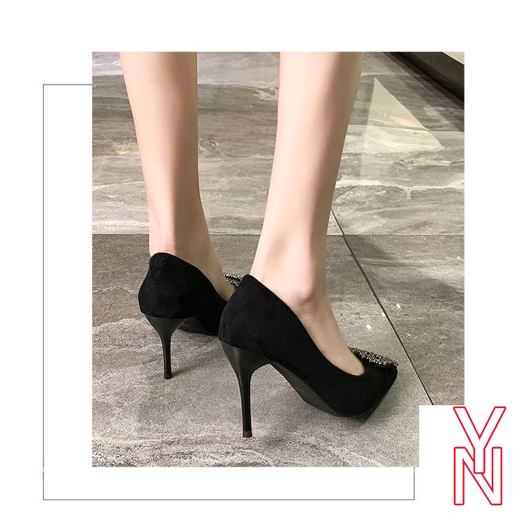 Giày Cao Gót Da Lộn Mũi Nhọn Màu Đen Đính Đá Phong Cách Pháp Thời Trang Xuân Thu Sành Điệu Cho Nữ 2021