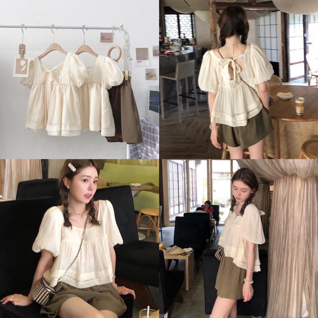 Set Đồ Nữ, Set Bộ Áo Babydoll Thắt Nơ Lưng Tay Bồng Kèm Quần Short Siêu Xinh