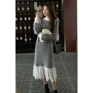 đầm len dáng suông dài phối ren