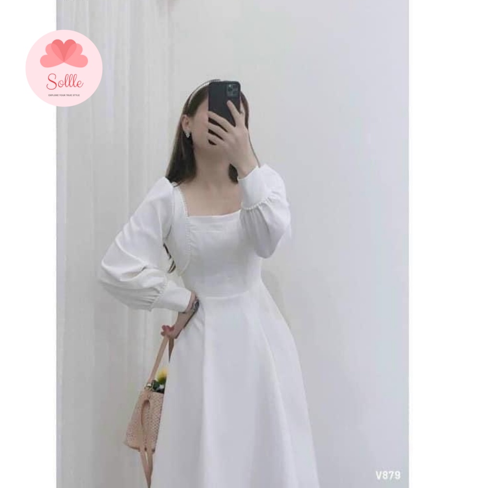 Đầm thiết kế váy trắng cổ vuông phối ren hạt tay bồng tiểu thư chun lưng Hàn Quốc Sollle