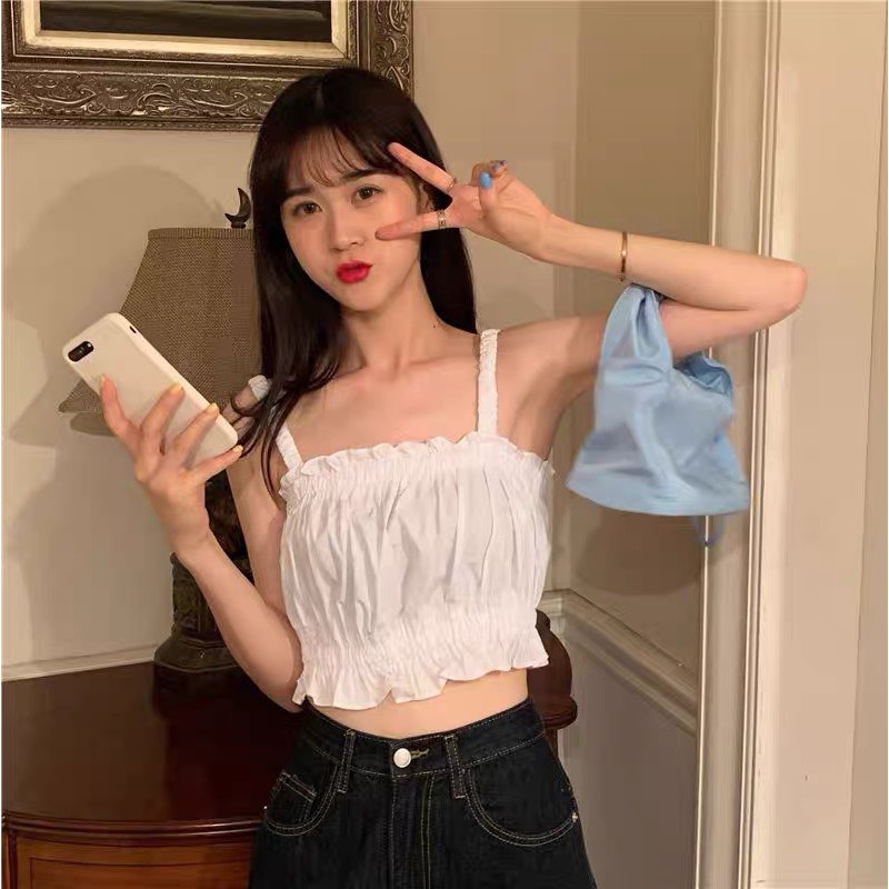 Áo Croptop 2 Dây SuzaHouse N07 Đũi 🦋 Áo Dây Thun Nữ Viền Bèo 2 Màu trắng tím siêu hot phong cách Hàn Quốc