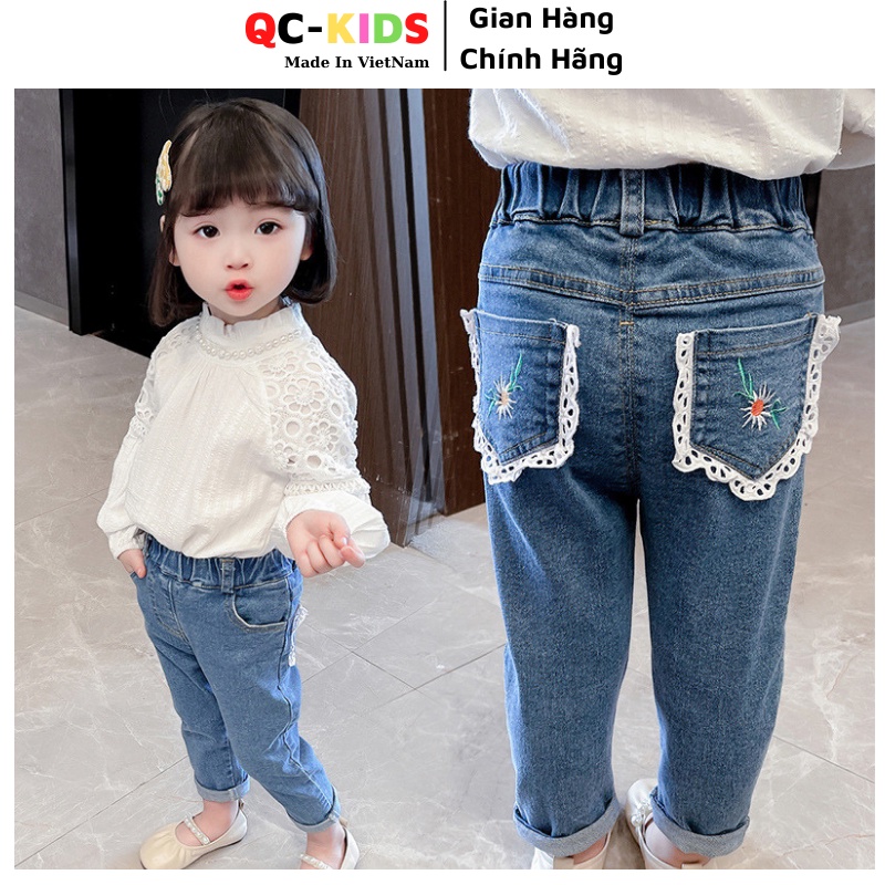 Quần jean bé gái 1 tuổi đến 5 QC-KIDS, Quần bò bé gái túi ren 10-25kg