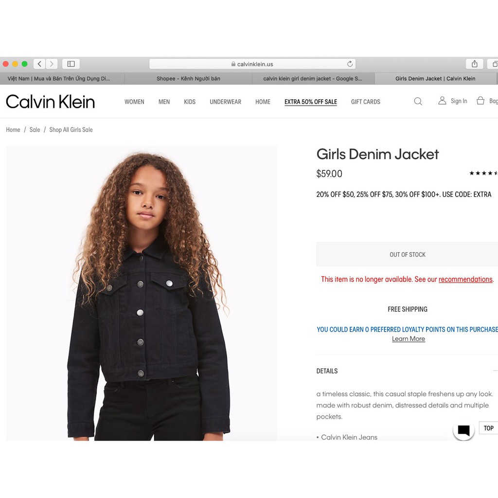 Áo khoác Jean Calvin Klein bé gái xuất xịn