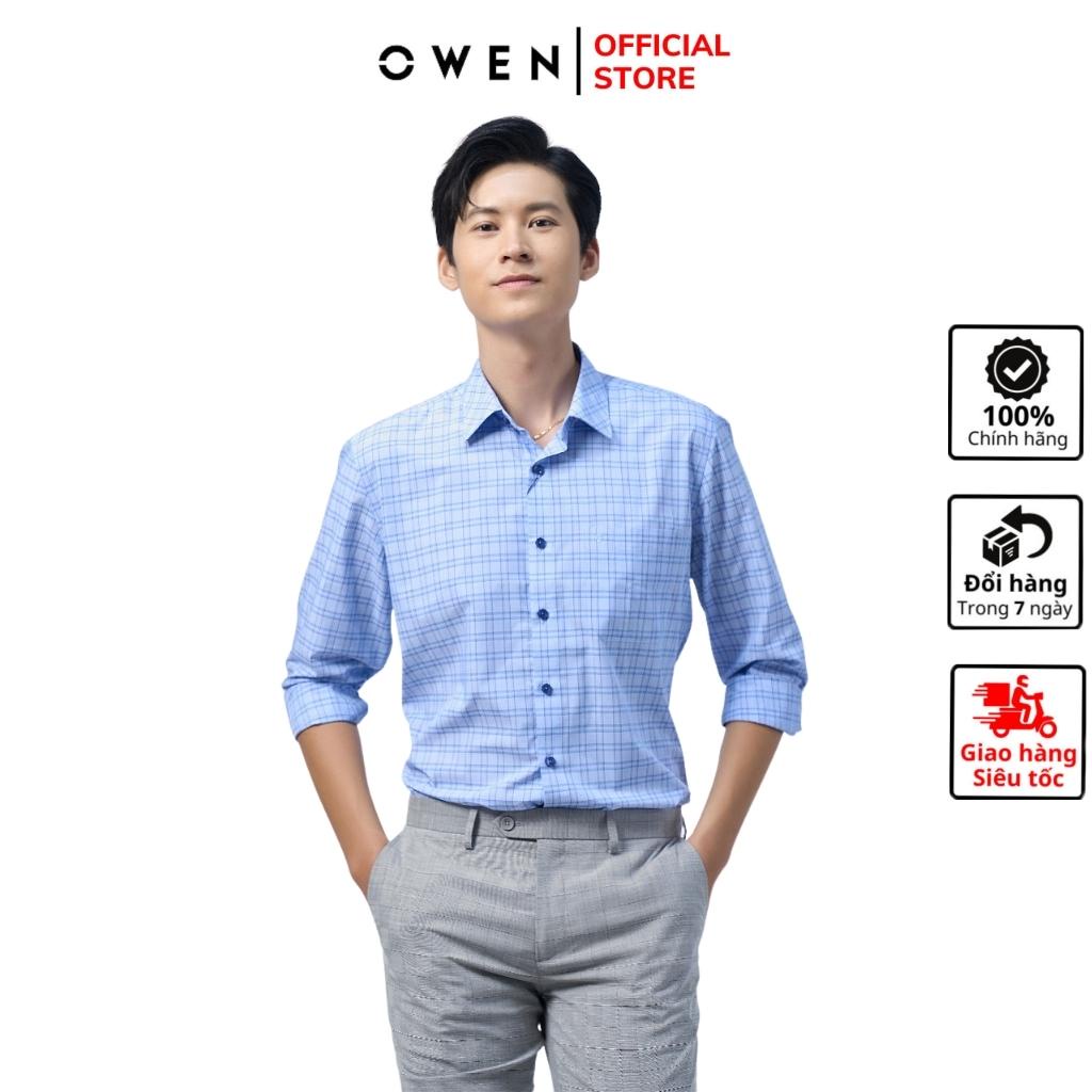 Áo sơ mi dài tay nam OWEN AR220787DT công sở Vải Sợi Tre cao cấp Màu Kẻ Caro Xanh Navy Trắng Dáng Suông Tà Lượn Có Túi