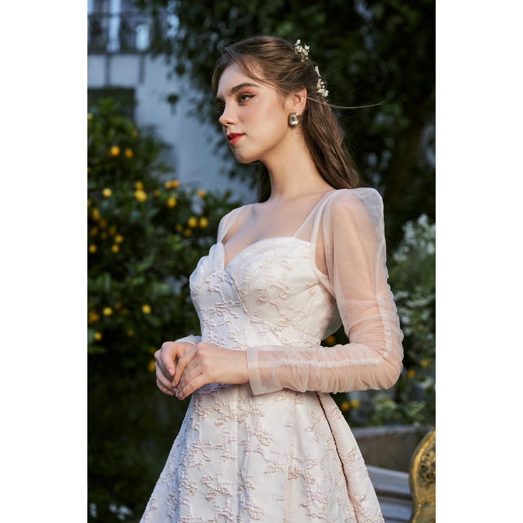 CHICHI - Váy gấm nhũ nổi tay lưới dài Robe Onirique Mix
