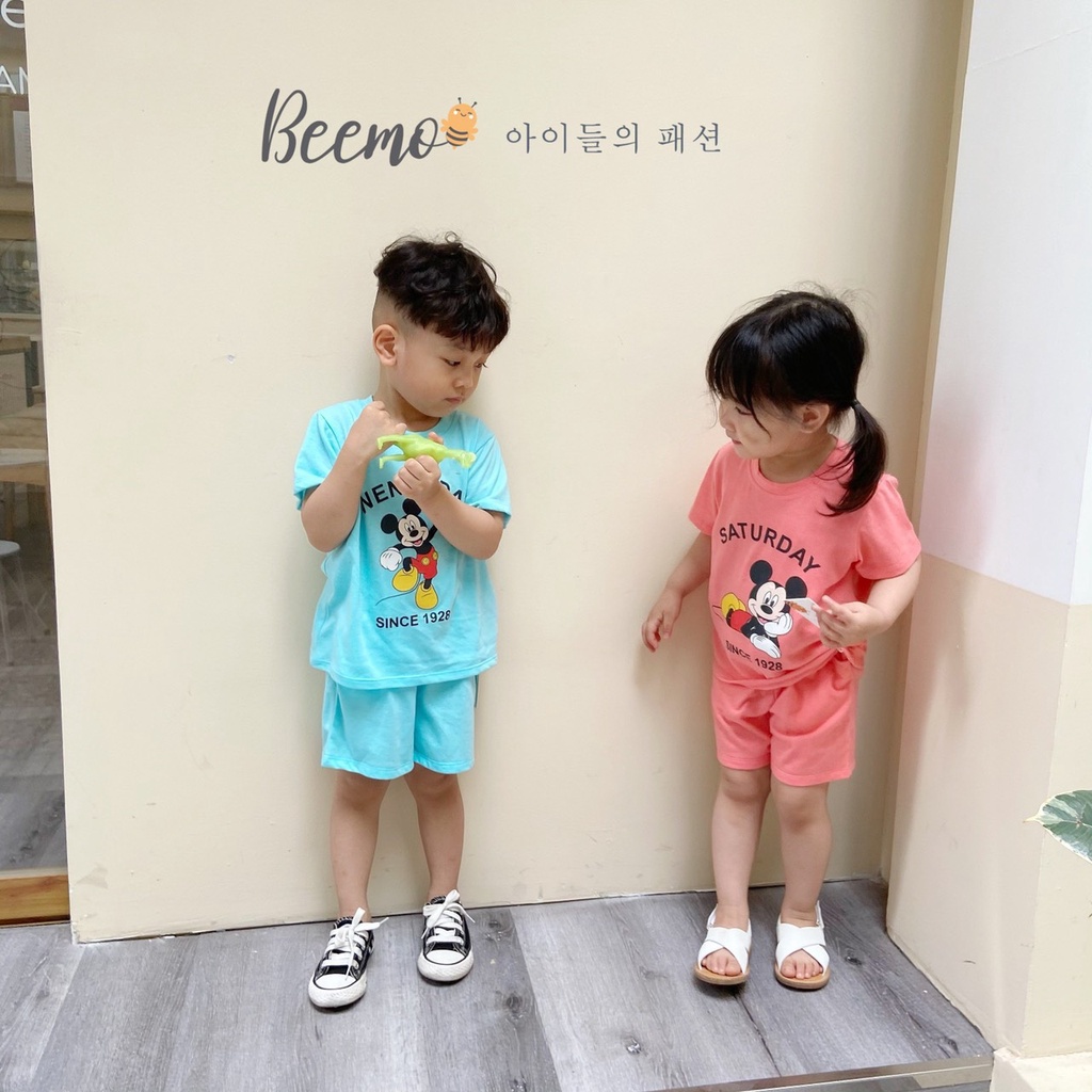 Bộ cotton unisex cho bé, bộ thun mềm mát in hoạ tiết micky vải cotton mềm