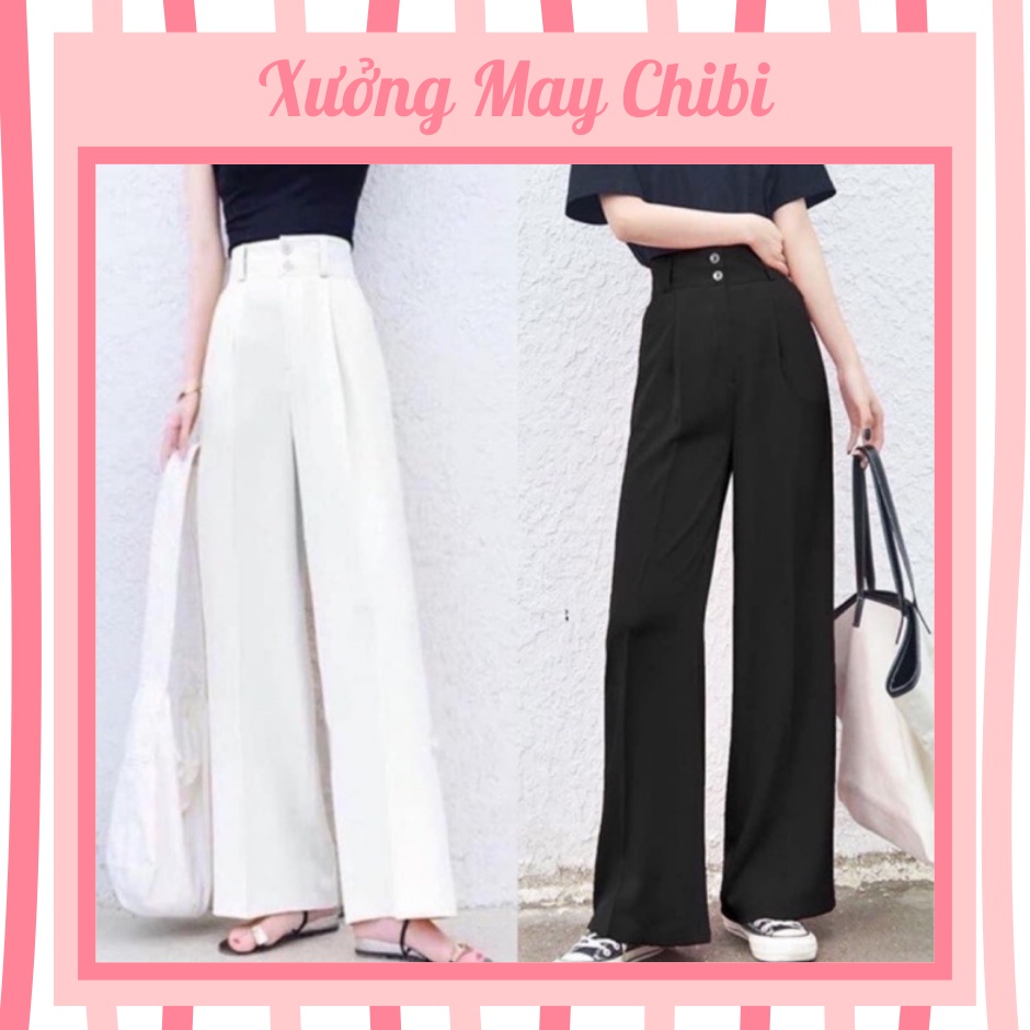 Quần nữ culottes ống rộng cạp cao 7 phân 2 khuy chất tuyết mưa, ống suông lưng cao