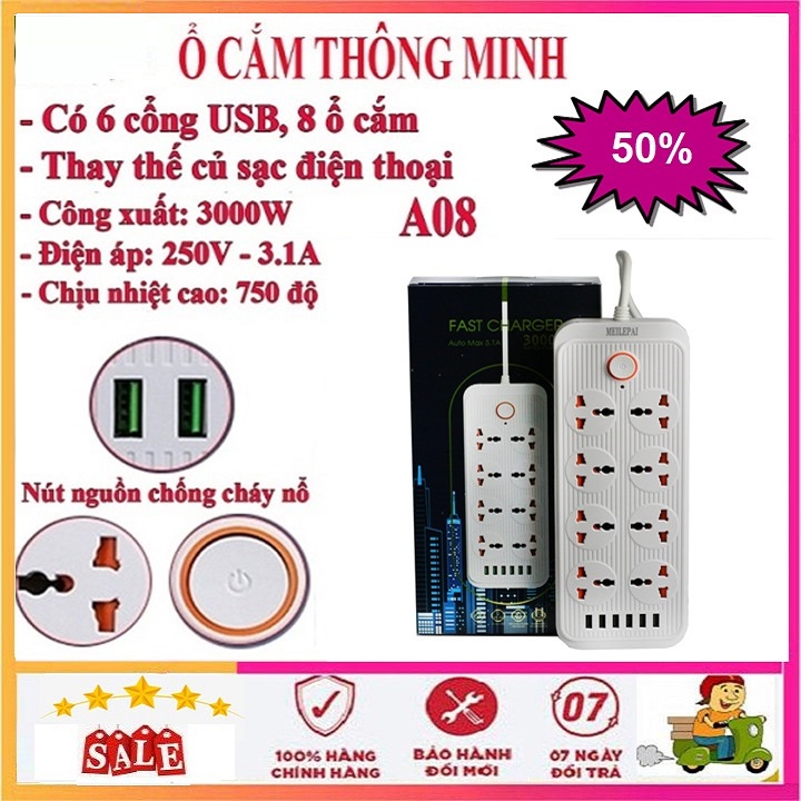 Ổ Cắm Điện Có 8 Ổ Cắm 220v Lõi Đồng, Với 6 Cổng USB Sạc Nhanh - Model  A08 Công Suất 3000W - Dây Dài 2 Mét