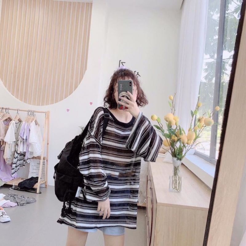Áo Thu Kẻ Ngang Dài Tay Form Rộng Ulzzang