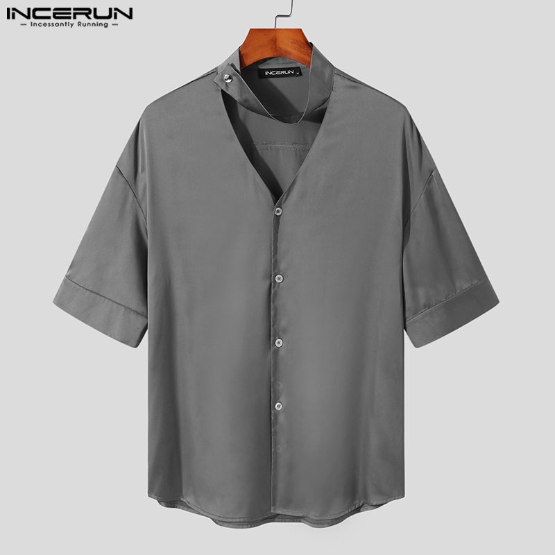 Áo sơ mi INCERUN tay ngắn màu sắc thanh lịch cho nam size S-5XL tùy chọn