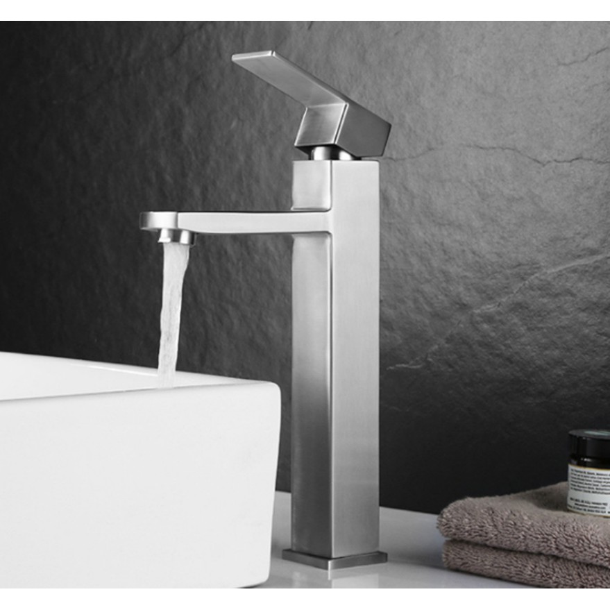 Vòi Lavabo nóng lạnh cao cấp vuông dài màu bạc trắng - Inox 304 - Dùng cho Lavabo đặt bàn