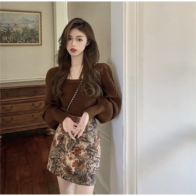 Set áo len nâu tay bồng cổ vuông kèm chân váy họa tiết sơn dầu phong cách vintage - HÀNG MỚI VỀ