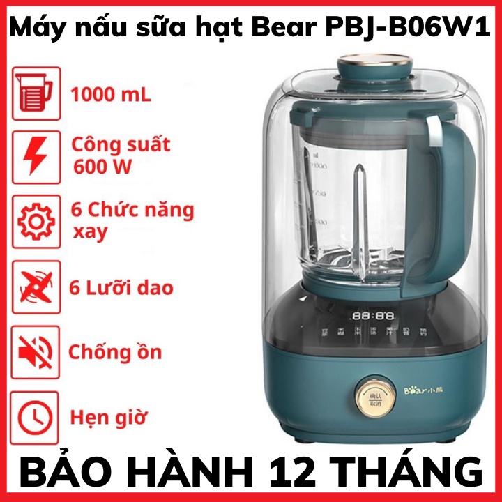 Máy làm sữa hạt đa năng Bear PBJ B06-W01 độ ồn thấp, nấu cháo, súp, xay sinh tố, nước ép,có chức năng hẹn giờ thông minh