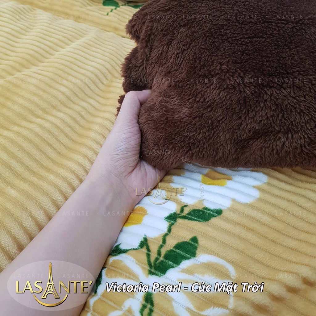 Chăn mền lông cừu cao cấp Lasante' phong cách pháp màu vàng họa tiết hoa cúc mặt trời siêu rộng 2.1x2.4m bảo hành 2 năm
