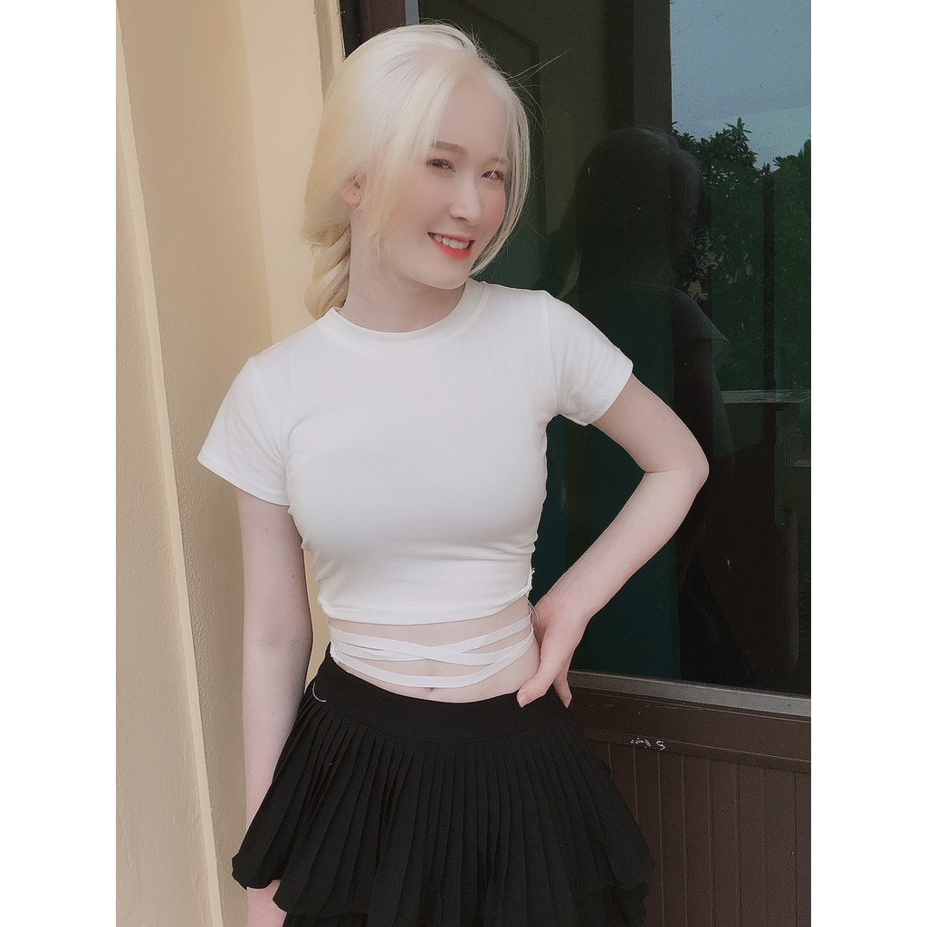 [ Mã WASTAPR giảm 10K đơn 50K] Áo crotop ngắn tay cổ tròn đan dây bụng shynstores | BigBuy360 - bigbuy360.vn