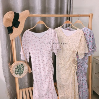 Đầm voan hoa nhí thắt nơ rút eo siêu yêu. Đầm tiểu thư rút tay loe
