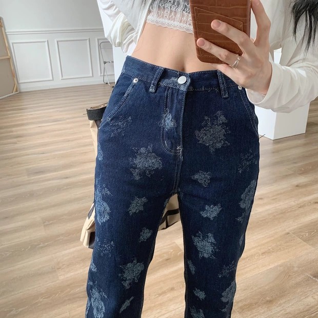 6:30PM Order Mã 009 Quần jeans ulzzang xanh đậm ống loe suông hoa văn hoa hồng retro độc lạ big size lưng cao hot trend