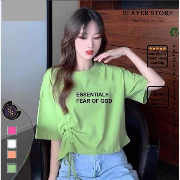 Áo thun nữ Croptop kiểu dây rút in chữ ESSENTIALS FEAR OF GOD