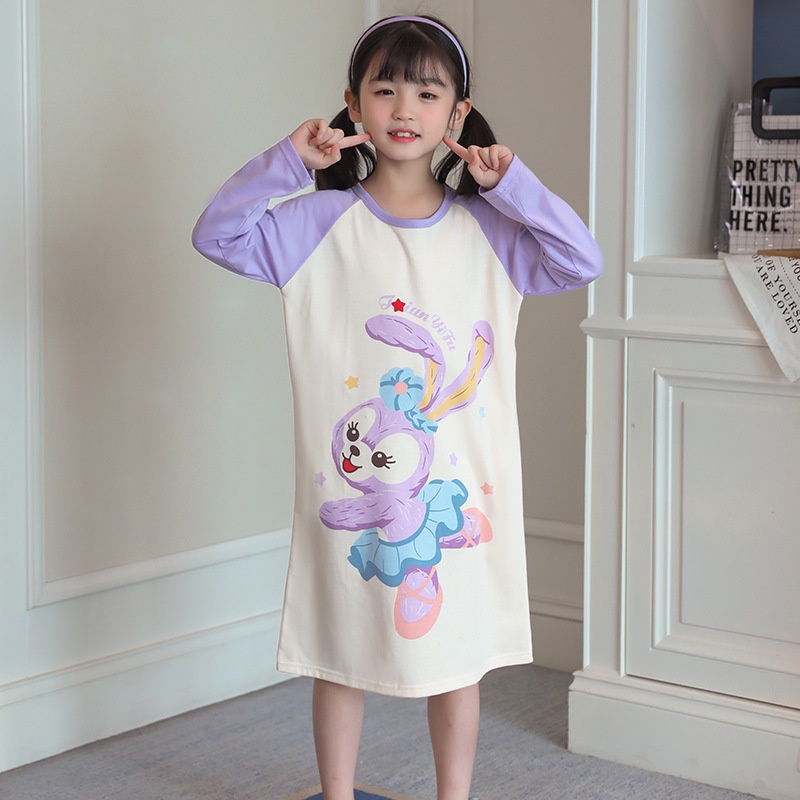 Đầm Ngủ Cotton Tay Dài In Họa Tiết Hoạt Hình Dễ Thương Cho Bé