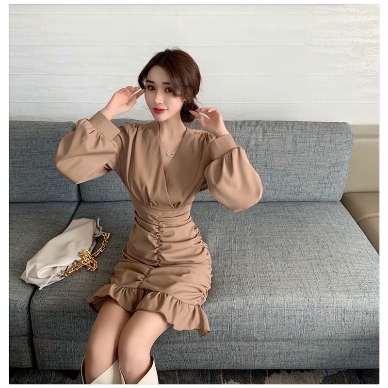 Đầm Dài Tay Xếp Ly Không Đồng Đều Phong Cách Hàn Quốc Thời Trang Cho Nữ