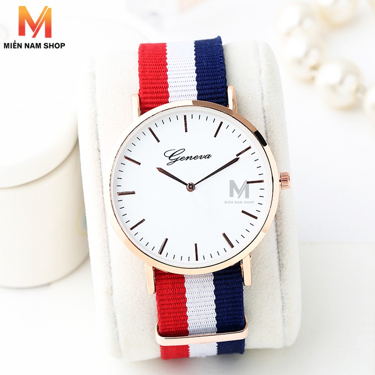 ĐỒNG HỒ NAM NỮ GENEVA DÂY VẢI 3 SỌC ĐỎ TRẮNG XANH THỜI TRANG