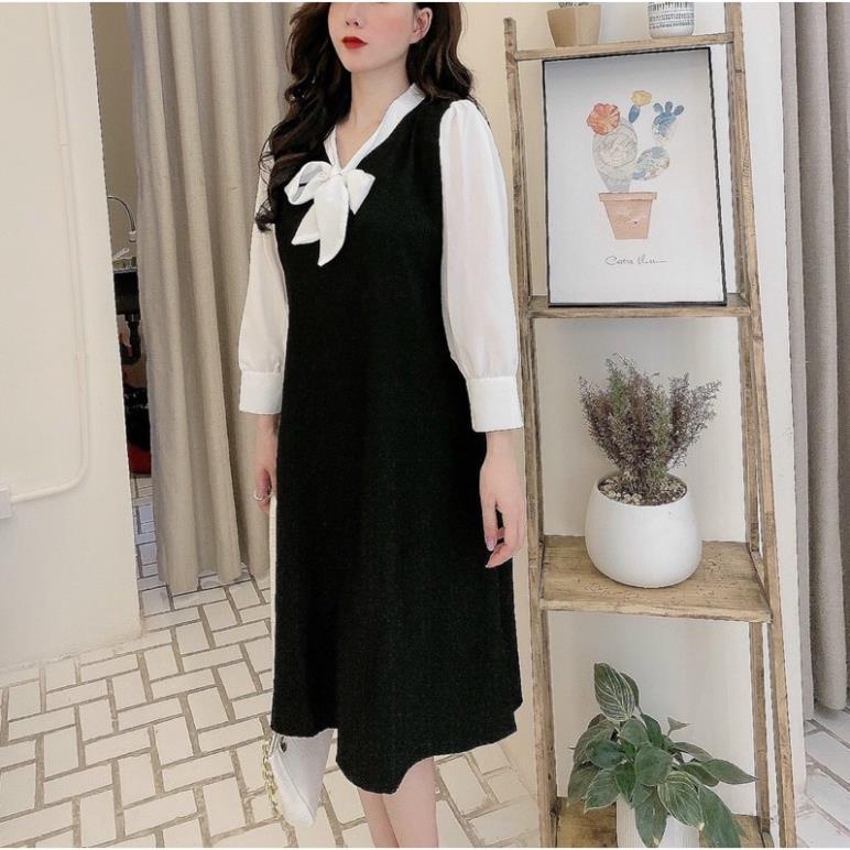 Đầm bầu dài tay-Váy bầu đũi xước công sở thắt nơ cổ 2 màu