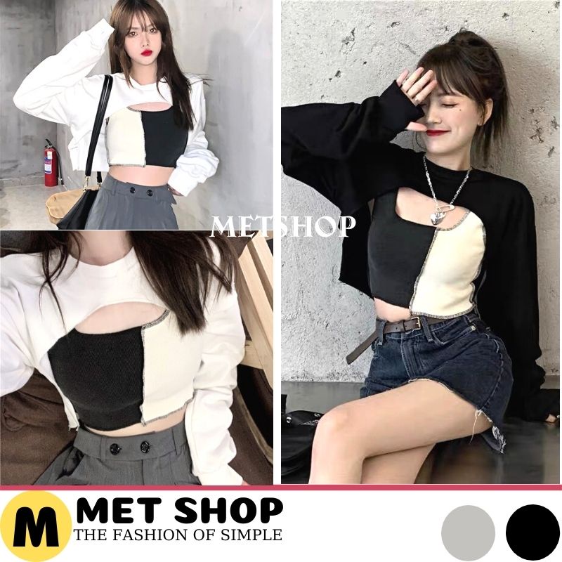 Sét áo croptop khoét ngực kèm áo 3 lỗ phối màu, set áo crt 2 món áo ngoài kèm áo trong chất zip cotton dầy mịn -METSHOP