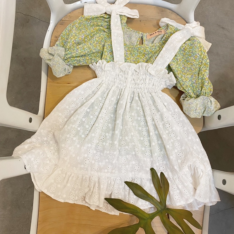 Set áo váy hoa cho bé 10 đến 25kg MICK AND MILK, Set đầm hoa bé gái vintage mùa thu đông